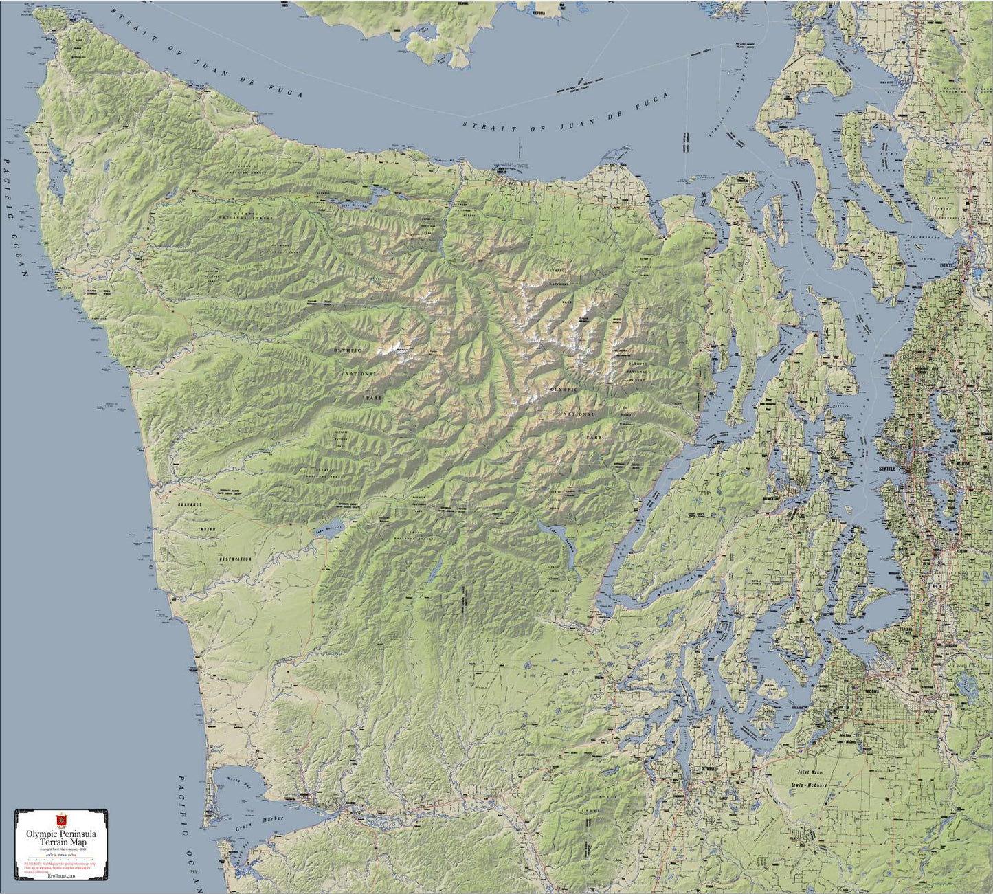 Olympic Peninsula Wall Map with Terrain Shading by Kroll Map Company