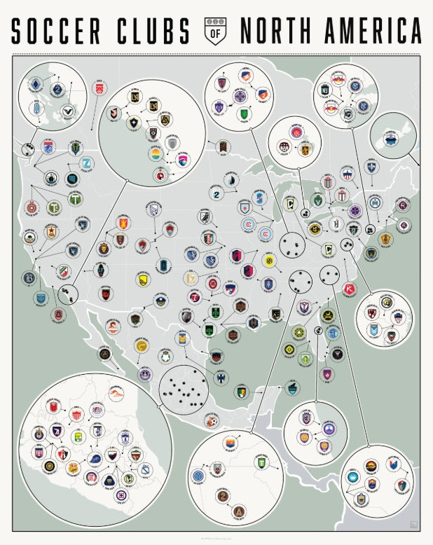 Soccer Clubs of North America Wall Map