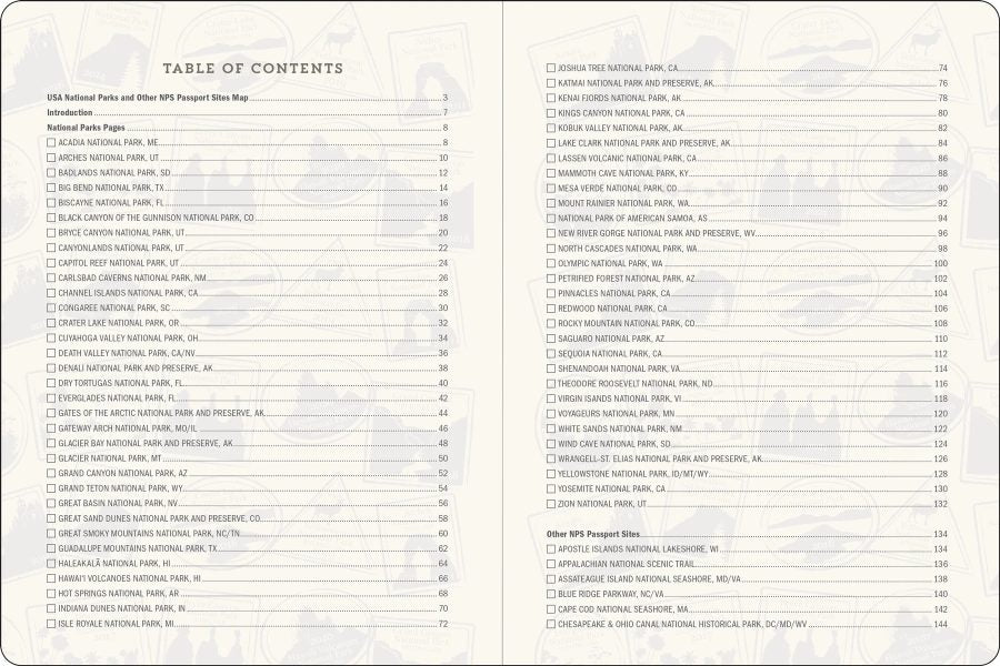 USA National Parks Journal & Passport Stamp Book - 6 1/4" x 8 1/4" - Table of Contents