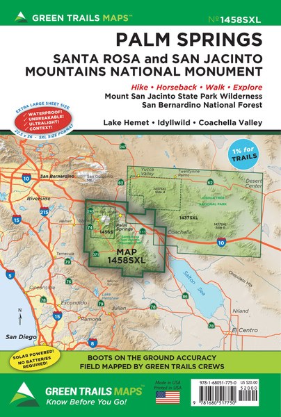 Map of Palm Springs and surrounding areas with Green Trails Maps branding.