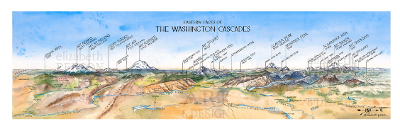 A panoramic watercolor-style map print titled 'Eastern Face of the Washington Cascades,' showing labeled mountain ridges and canyons in tan, brown, blue, and green tones on a white border background.