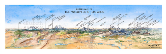 A panoramic watercolor-style map print titled 'Eastern Face of the Washington Cascades,' showing labeled mountain ridges and canyons in tan, brown, blue, and green tones on a white border background.