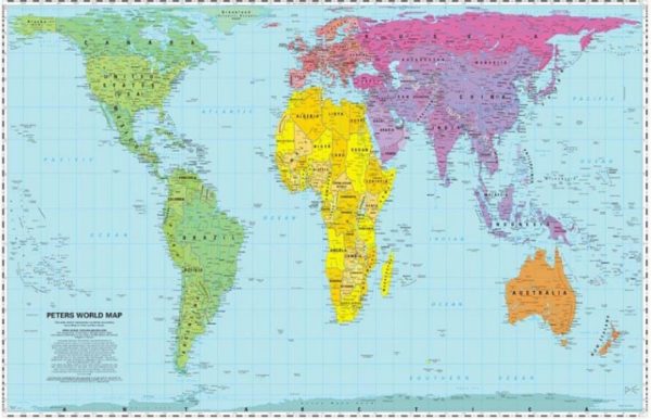 A colorful world map poster titled 'PETERS WORLD MAP' with continents in pastel shades of green, yellow, pink, purple, orange, and blue on a light blue ocean background.