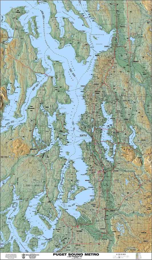 Puget Sound Area Wall Map with Terrain Shading by Kroll Map Company