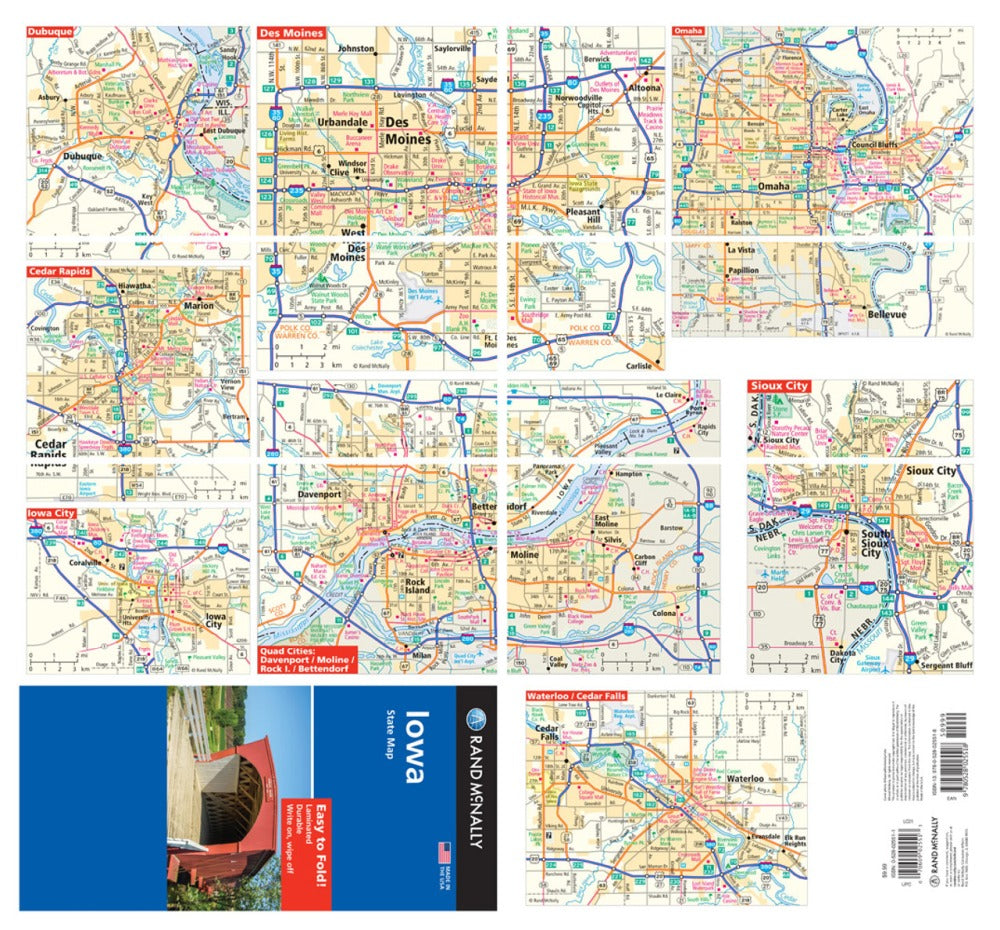 Iowa State Highway Laminated Map by Rand McNally (Easy to Fold) - Backside Map Insets
