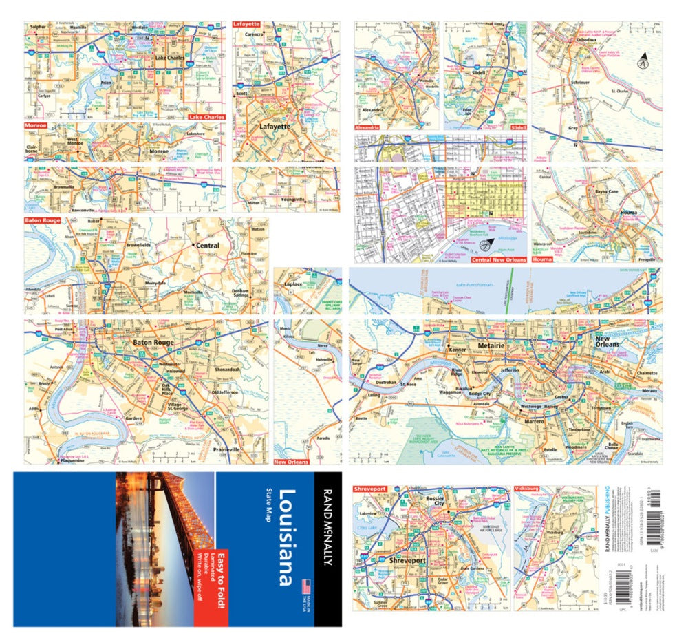 Louisiana State Highway Laminated Map by Rand McNally (Easy to Fold) - Backside Map Insets