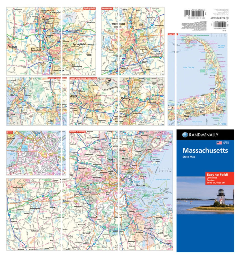 Massachusetts State Highway Laminated Map by Rand McNally (Easy to Fold) - Backside Map Insets