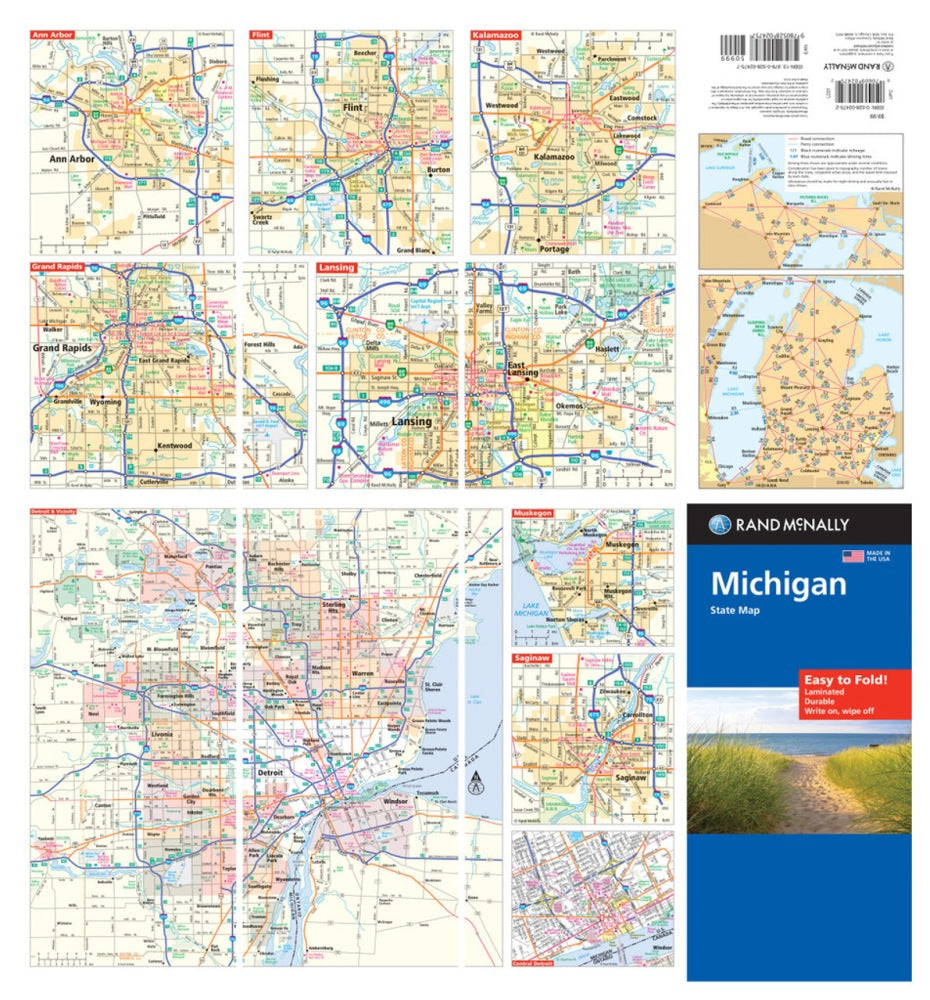 Michigan State Highway Laminated Map by Rand McNally (Easy to Fold) - Backside Map Insets