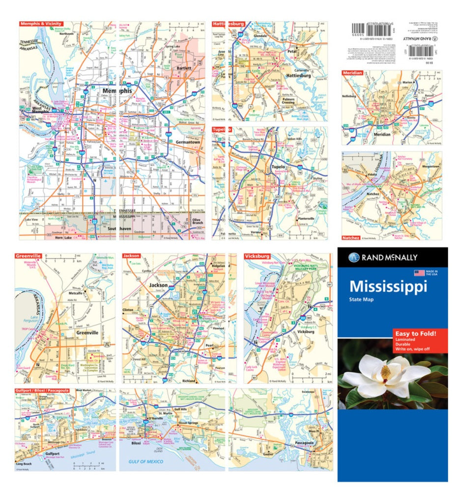 Mississippi State Highway Laminated Map by Rand McNally (Easy to Fold) - Backside Map Insets