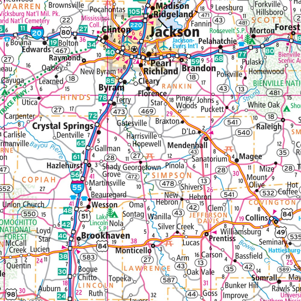 Mississippi State Highway Laminated Map by Rand McNally (Easy to Fold) - Map Detail
