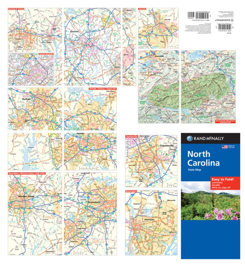 North Carolina State Highway Laminated Map by Rand McNally (Easy to Fold) - Backside Map Insets
