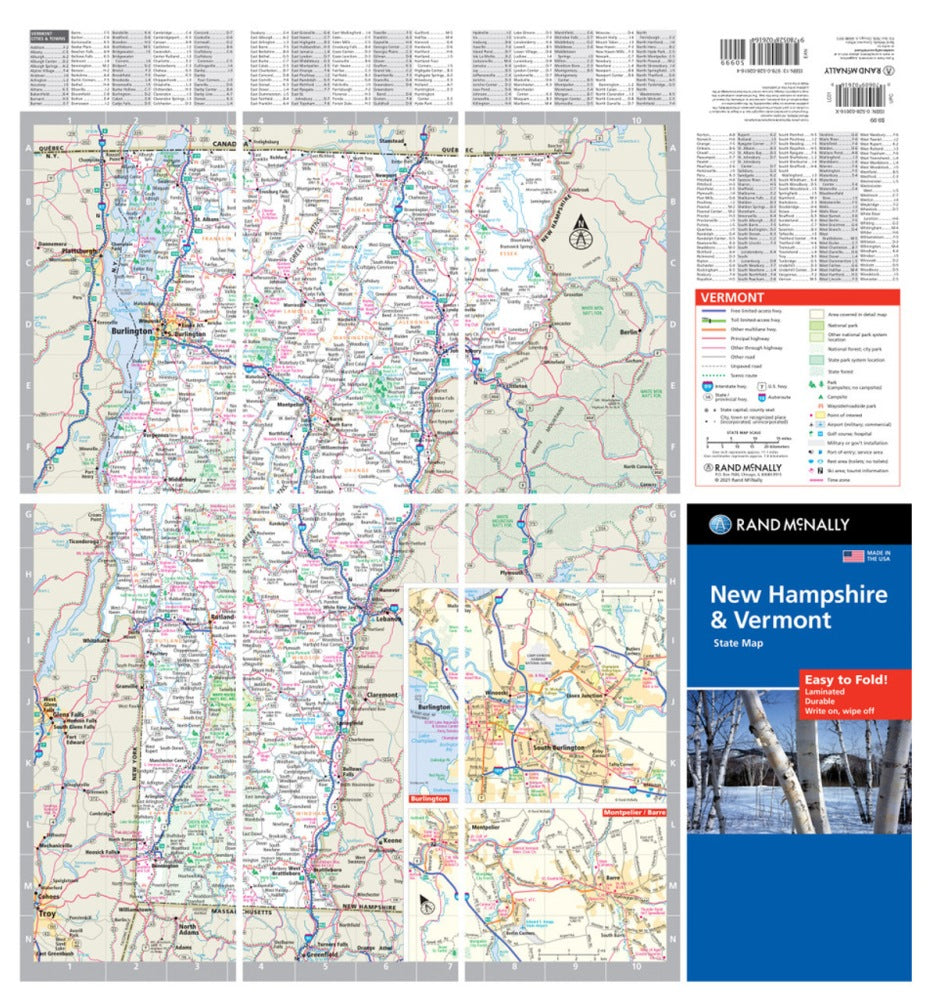 New Hampshire & Vermont State Highway Laminated Map by Rand McNally (Easy to Fold) - VT Map