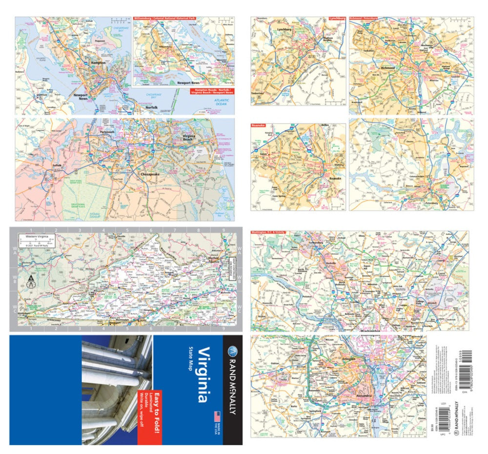 Virginia State Highway Laminated Map by Rand McNally (Easy to Fold) - Backside Map Insets