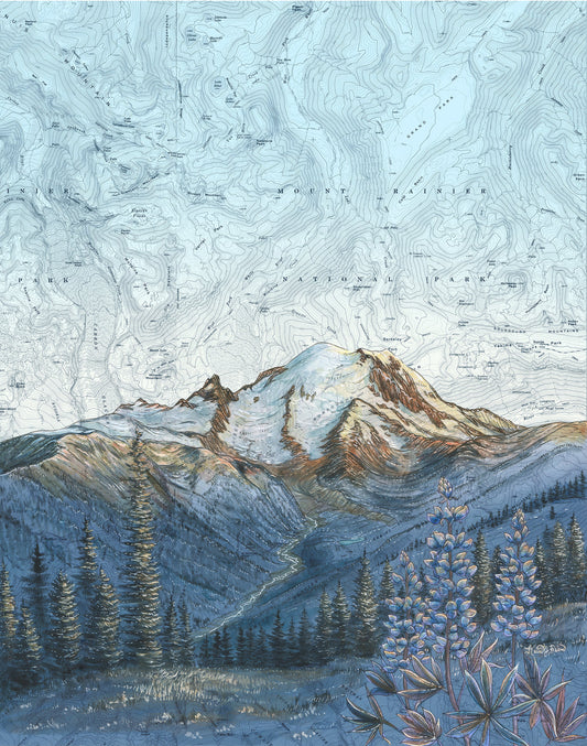 A topographic-style landscape artwork showing snow-capped mountains, evergreen trees, and blue-purple wildflowers, with contour lines and labels across the sky.