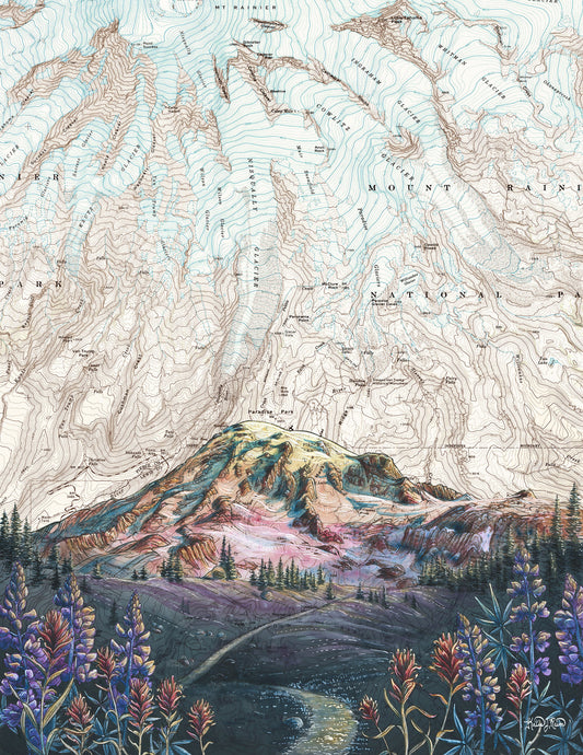 A scenic art print depicting Mt Rainier overlaid with topographic map lines, with purple and red wildflowers in the foreground and a dark river below.