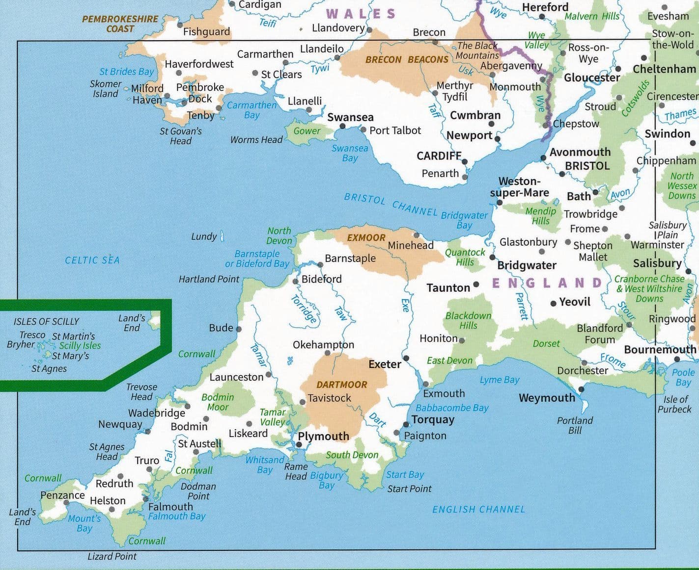 SW England & South Wales Road & Reference Map by Ordnance Survey -Coverage Map