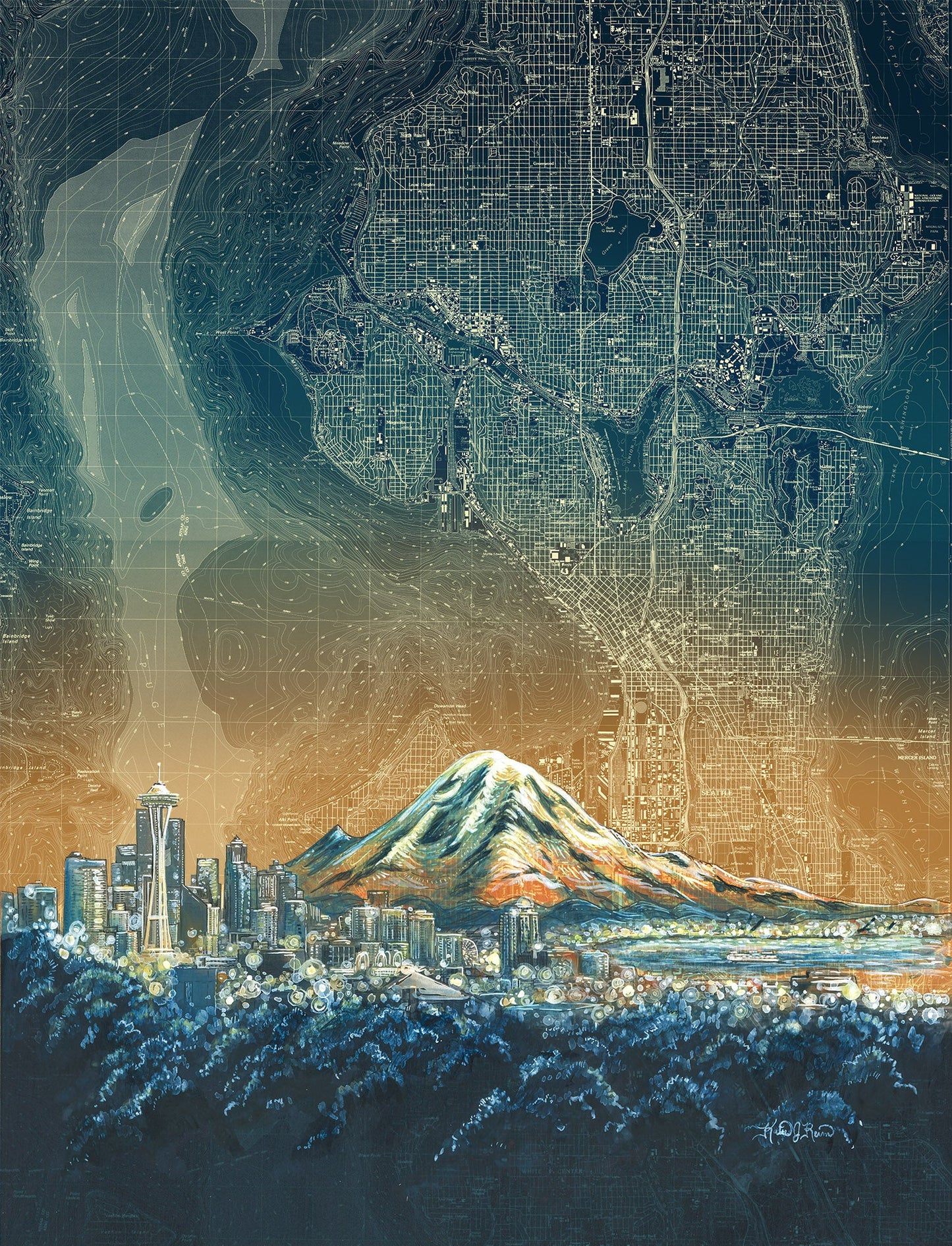 An artistic cityscape print featuring a snow-capped mountain, a skyline with illuminated skyscrapers, and a large layered city map overlay in dark teal and blue tones.