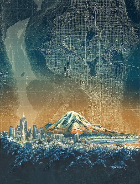 An artistic cityscape print featuring a snow-capped mountain, a skyline with illuminated skyscrapers, and a large layered city map overlay in dark teal and blue tones.