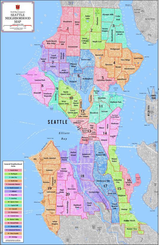 Seattle Neighborhood Wall Map by Kroll Map Company