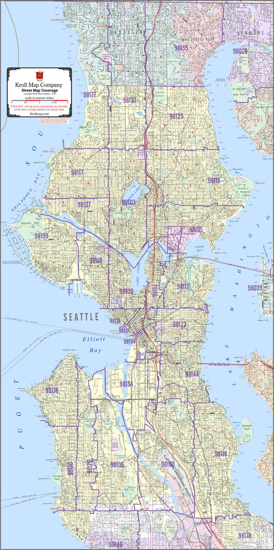 Seattle Detailed Street Map with ZIP Codes - Large Wall Map by Kroll Map Company