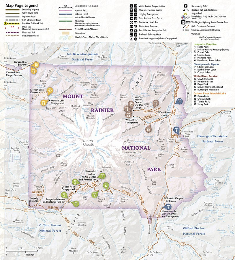 Mt Rainier National Park Day Hikes Topographic Map Guide Booklet #1715 - Legend & Coverage Map