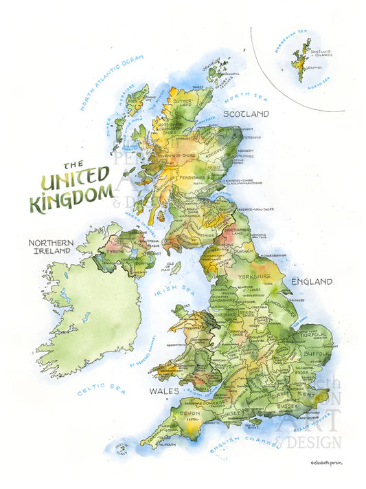 United Kingdom Watercolor Map by Elizabeth Person