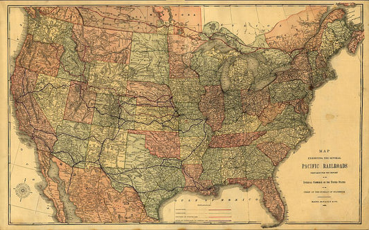 1883 United States Railroad Antique Map Reproduction
