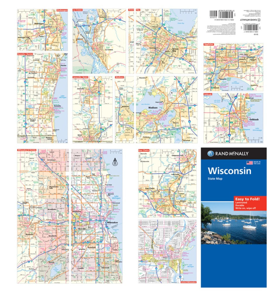 Wisconsin State Highway Laminated Map by Rand McNally (Easy to Fold) - Backside Map Insets