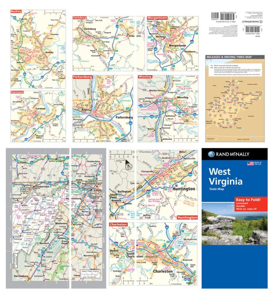 West Virginia State Highway Laminated Map by Rand McNally (Easy to Fold) - Backside Map Insets