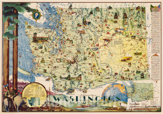Washington State 1948 Illustrated Map Reproduction