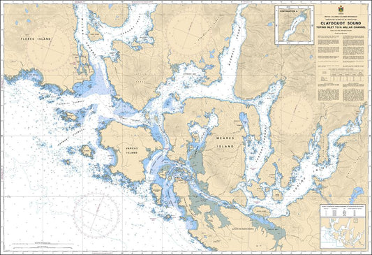 Nautical chart of Clayoquot Sound with topographic details