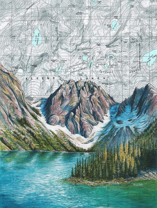 A scenic art print depicting a mountain landscape with a turquoise lake, evergreen forest, rocky peaks with glaciers, and a topographic map overlay in the background.