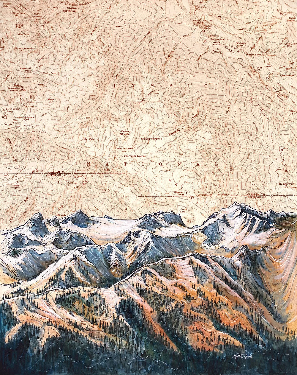 Topographic map with stylized mountain range
