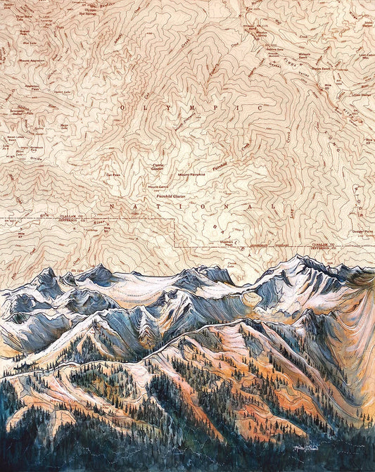 Topographic map with stylized mountain range
