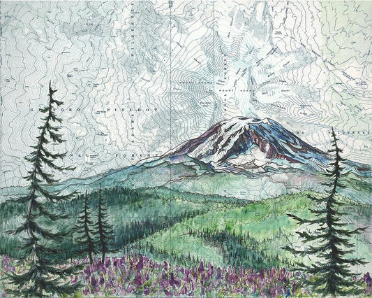 A scenic landscape artwork showing a snow-capped mountain rising above green hills and evergreen trees, with purple wildflowers in the foreground and a topographic-style contour pattern across the sky.