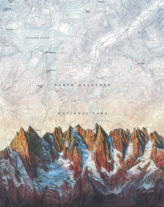 A stylized topographic map illustration of North Cascades National Park, with contour lines across a pale sky and detailed mountain peaks in blue, white, brown, and red tones at the bottom.