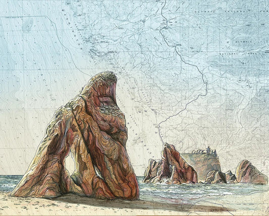 A vintage-style coastal landscape print showing large reddish-brown rock formations on a sandy shore with the sea and a faint map background.