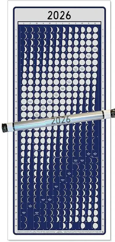 Calendar with moon phases for the year 2026 on a blue background